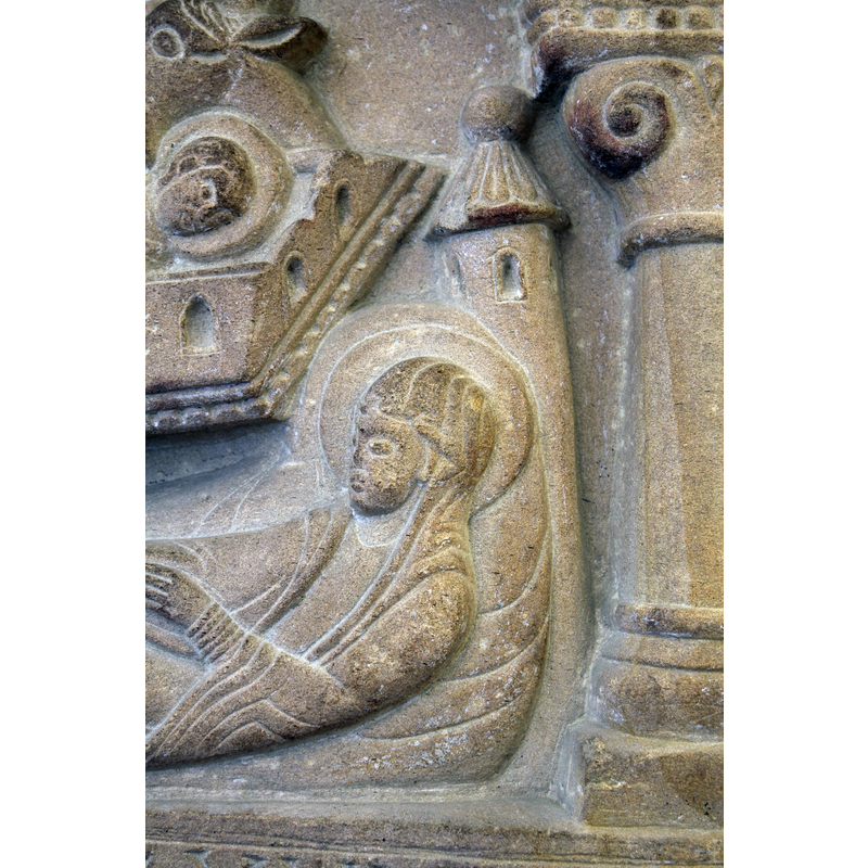 Christ child wide awake and looking towards Mary; very classy manger