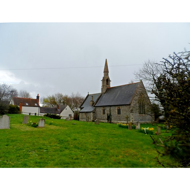 Source caption: "St Lawrence's church, South Weston. Built in 1860. Contains a C13 font and a C14 tomb from an earlier church."