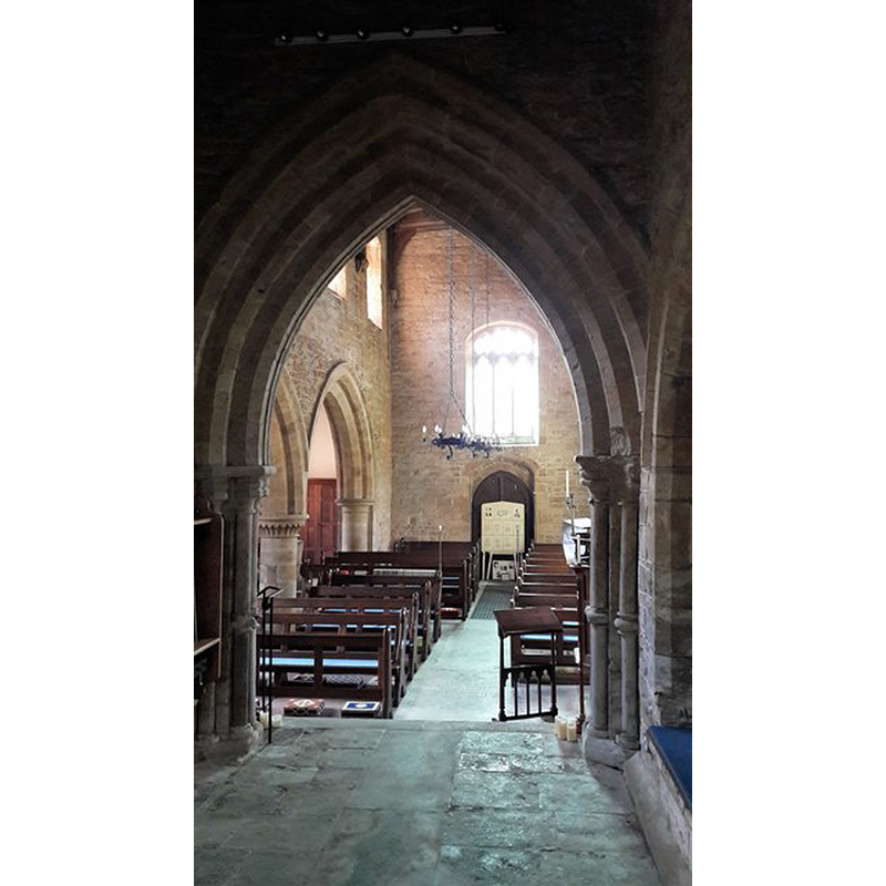 Source caption: "St Michael, Alkerton. Looking west from the tower chamber down into the nave through the early Gothic tower arch."