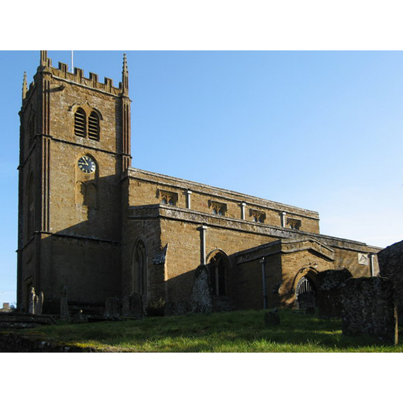 Source caption: "All Saints Church, Wroxton. Although there is documented evidence of Wroxton church from 1217, the present All Saints appears to be chiefly 14th and 15th century. There are, however, traces of a medieval wall painting above the chancel screen. The tower was designed by Sanderson Miller and begun in 1748".