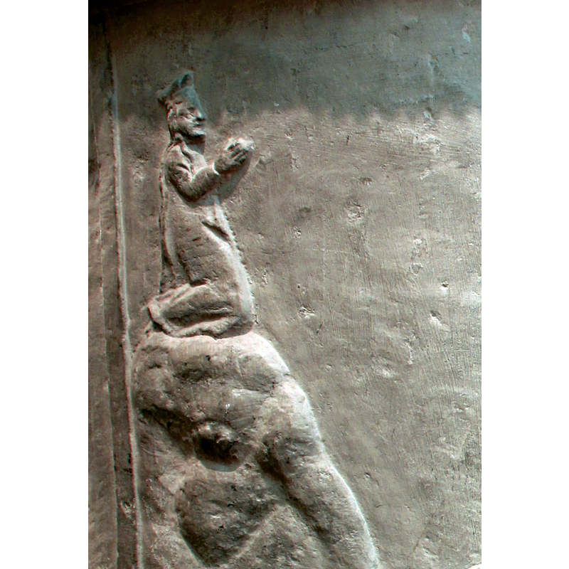 the St George and dragon scene is complemented by a kneeling figure on the cloud that appears to stem from the dragon's back, and by two shields chaged with sets of initials, below the horse
