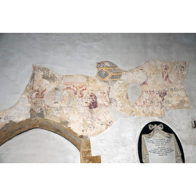 Source caption: "The remains of medieval wall paintings on the north wall of Swalcliffe church."