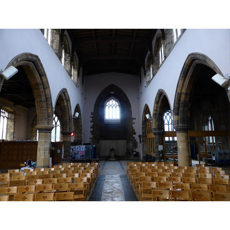 with the font and cover at the west end