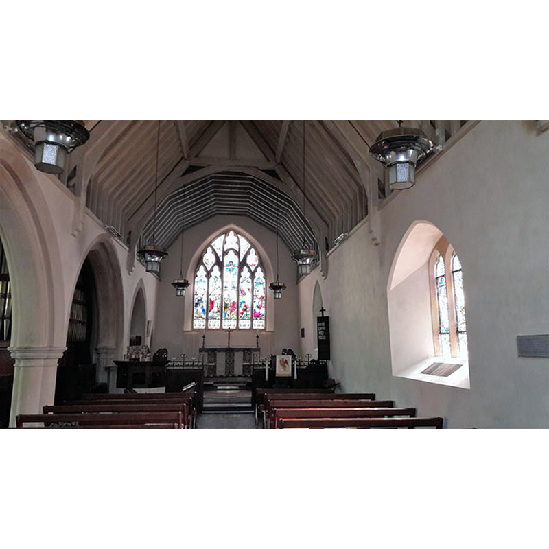 Source caption: "Inside St John the Evangelist's church, Little Tew. A simple country church by G E Street, 1853. The chancel is demarcated from the nave in very understated ways, with no arch: just one step, a low wooden screen with ironwork top with the pulpit built into it and the lower, five-pitched ceiling."