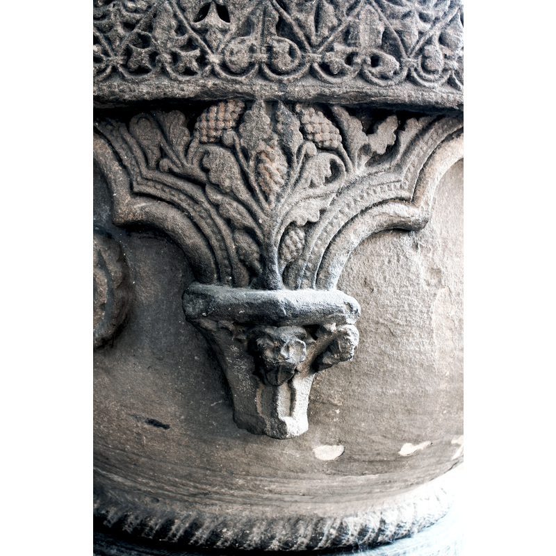 a well-rendered acanthus plant bearing arum fruit, with beaded-tape ornament on the outer sides