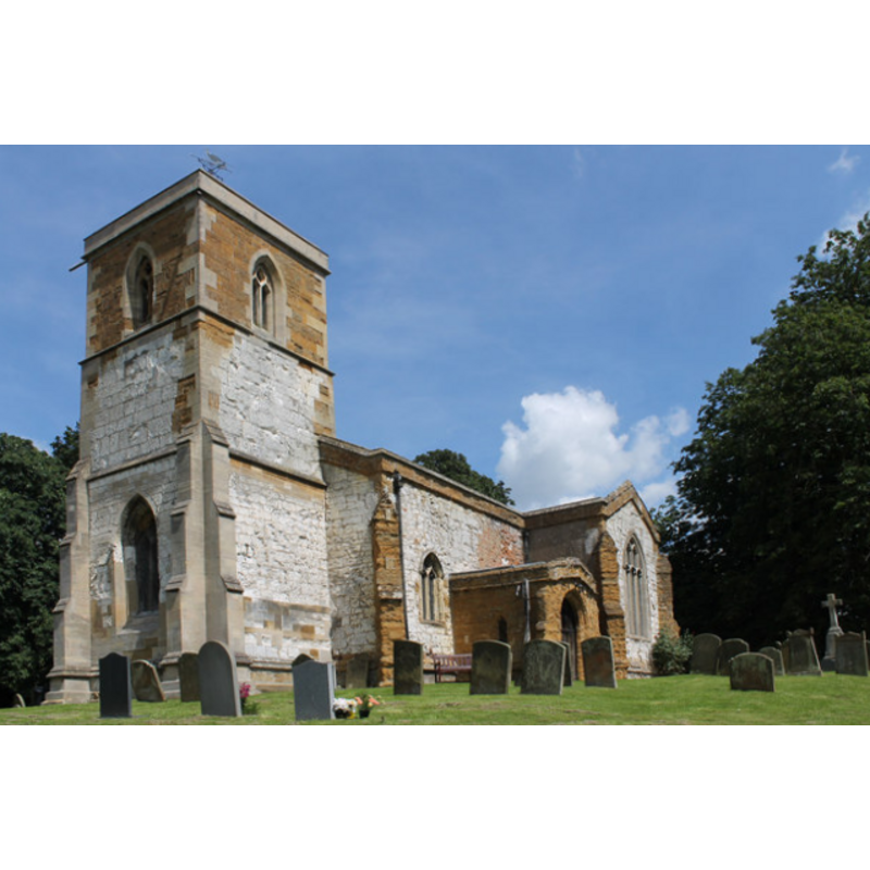 Source caption: "St Andrew's Church, Utterby. Grade II listed. Constructed of iron and chalk, dated back to 14th century. The tower is 14th century and has three stages and a parapet. Pevsner described the church as “rough looking”. The porch was probably added in the 15th century and is noted for its archway of whimsical carvings including a Green Man, a man with a monkey on a string and an ape bearing away a child. In the chancel is a C14 piscina with cusped ogee head and on the north side a square aumbry and statue bracket. On the north wall is an important monument in sunken relief which portrays Gilbert de Cumberworth with his hands clasped in prayer. Originally there would have been strips of brass inlaid into the carving. The folds on his sleeves and the metal bands around his wrists indicate that Gilbert was a deacon, a man of some substance and that, as was the tradition of the times, he was probably the second son of a wealthy family."