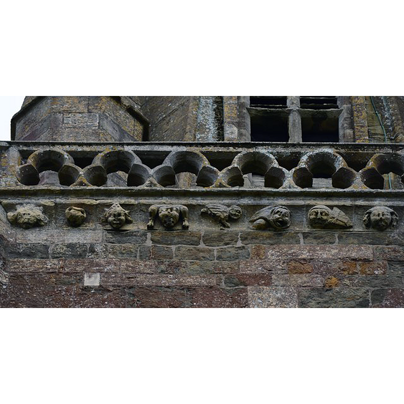 Source caption: "Adderbury: St. Mary the Virgin Church: Part of the corbel table on the tower north face"