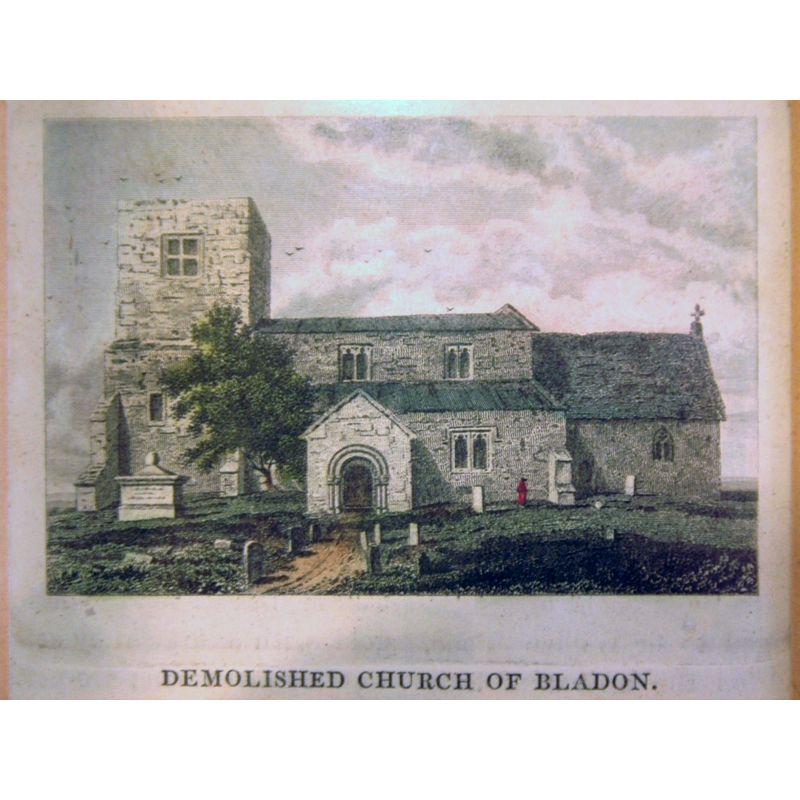 Source caption: "Church of England parish church of St Martin, Bladon, Oxfordshire: former church, viewed from the south, in a print now displayed in the current St Martin's parish church. This medieval church was demolished in 1802 and replaced by a Georgian church that was then rebuilt in 1891 to form the present Gothic revival church."