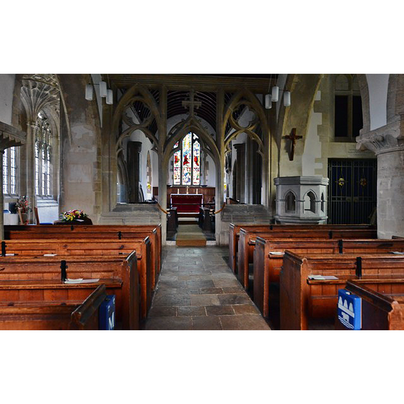 Source caption: "North Leigh, St. Mary's Church: Nave with stone rood screen installed in the 1860s".
