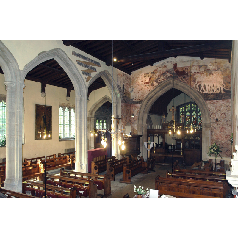 Source caption: "Church of England parish church of St James the Great, South Leigh, Oxfordshire: interior showing chancel arch, doom painting and part of north arcade."