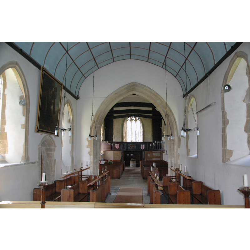 Source caption: "Church of England parish church of St Denys, Northmoor, Oxfordshire: interior of chancel, looking west through late-13th-century arch to the nave"