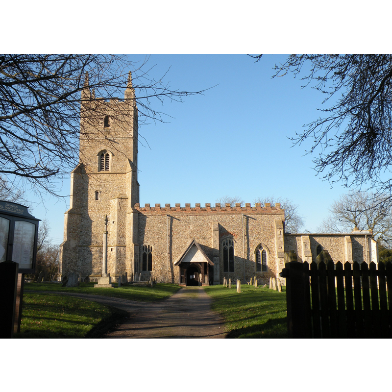 Source caption: "All Saints: the parish church of Chevington. This attractive church dates back to the Normans and was enlarged during the perpendicular period."
