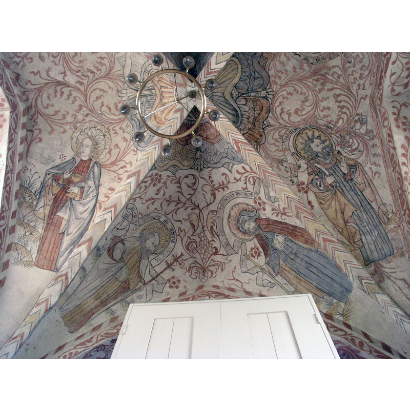 Source caption: "Östra Hoby kyrka/church. Ceiling painting showing the apostles Saint John, Saint Philip, Saint James the Greater and Saint Bartholomew."