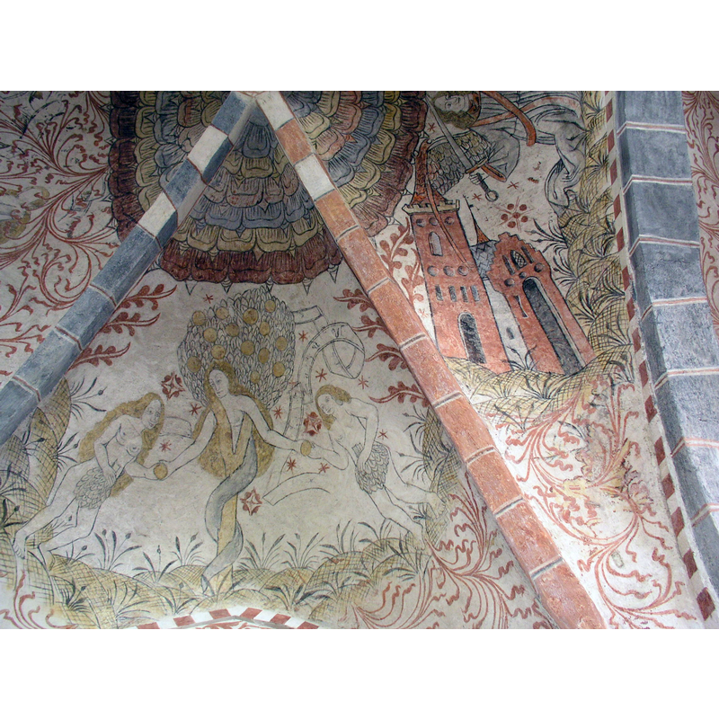 Source caption: "Ceiling painting of temptation of Adam and Eve, Östra Hoby church, Sweden." -- an interesting anthropomorphic rendition of the snake's upper body