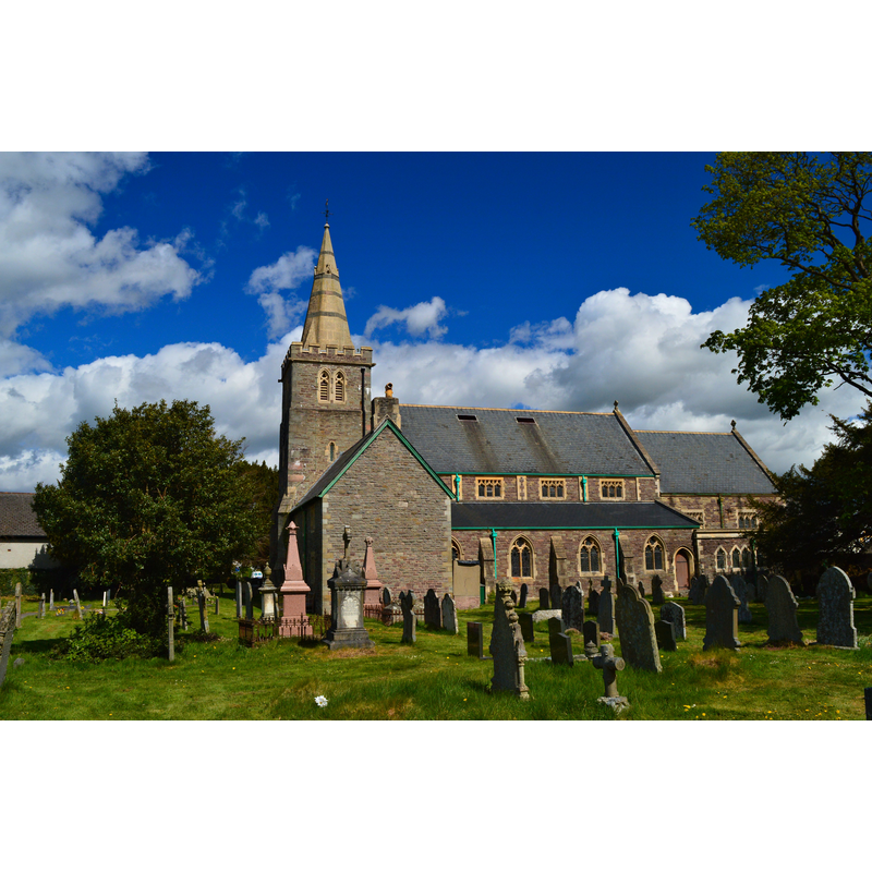 Source caption: "St David, Llanfaes. A Victorian church on an ancient site. First built in 1859-61 by unknown John Clayton of Hereford, with further additions in 1878 and 1923-5."