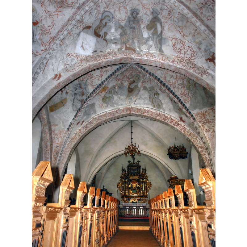 Source caption: "Kirche von Undløse, Dänemark (West-Seeland). Kalkmalerei um 1430–50 vom Unionsmeister. Altar von 1644".