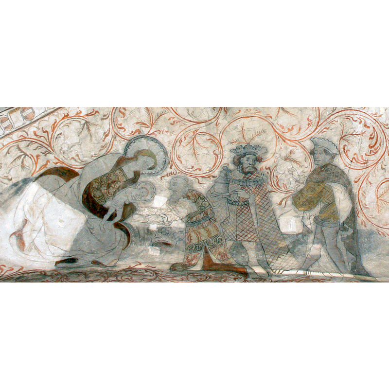 Adoration of the Magi scene, one of the many mid-15thC frescoes inside the church -- Source caption: "Kirche von Undløse, Dänemark (West-Seeland). Wandmalereien aus der Zeit um 1430–50 vom „Unionsmeister“ oder „Undløse-Meister“ genannten „Meister von Fogdö“. Motiv in dieser Kappe: Anbetung der Heiligen Drei Könige".