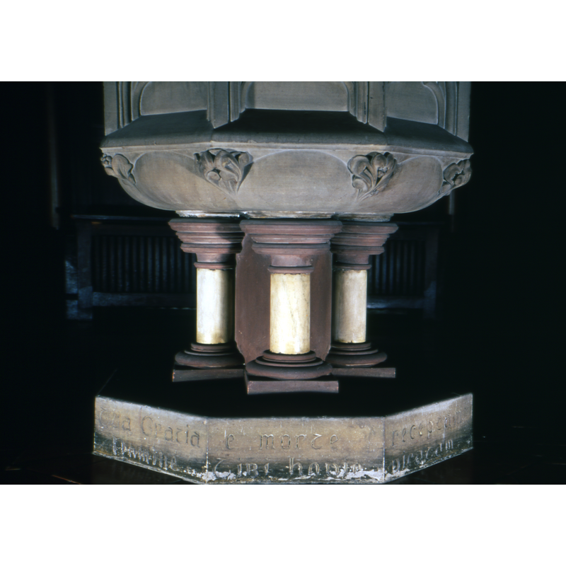 showing the varied mmotifs on the underbowl, the composition of the base and a partial view of the inscription on the plinth