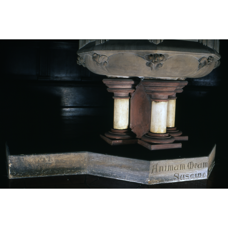 showing the varied mmotifs on the underbowl, the composition of the base and a partial view of the inscription on the plinth