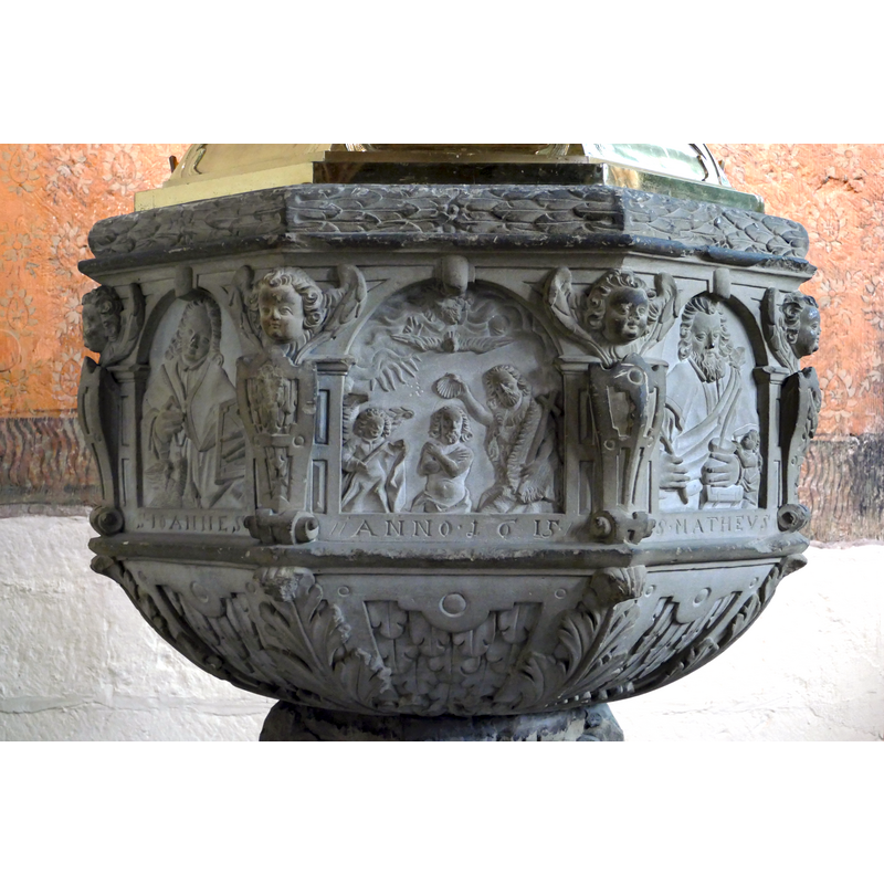 on the front panel of the basin