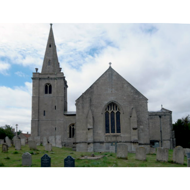 Source caption: "St Andrew's Church: East Window. The eastern end of the church, also showing the semi-detached tower on the south wall. The window tracery is 14th century perpendicular, though the glazing is Victorian."