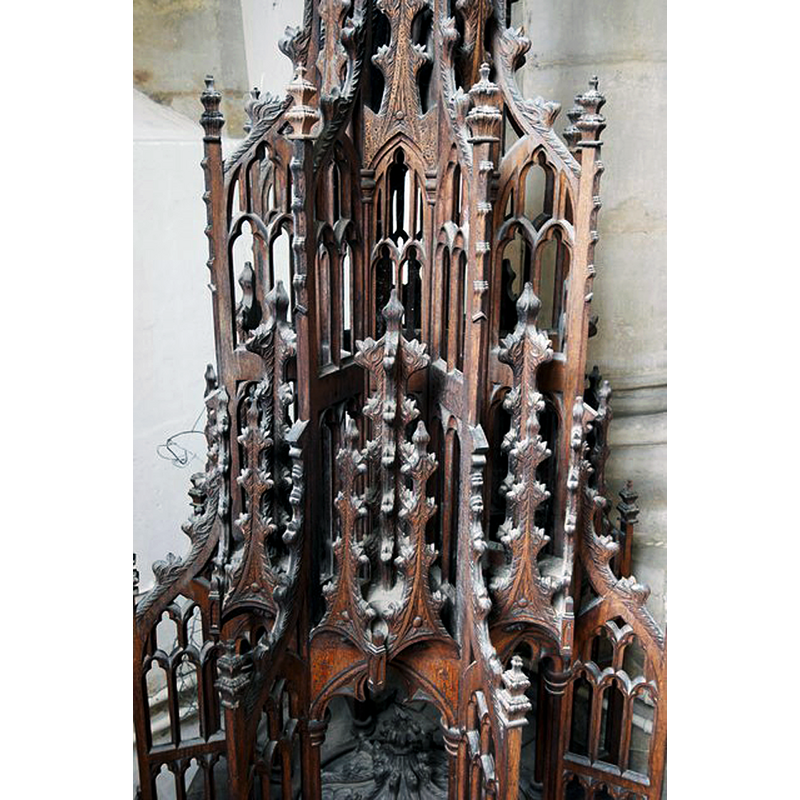Source caption: "St Andrew's Church: detail of carving on font cover. The decoration on the [19thC] font cover is quite superb."