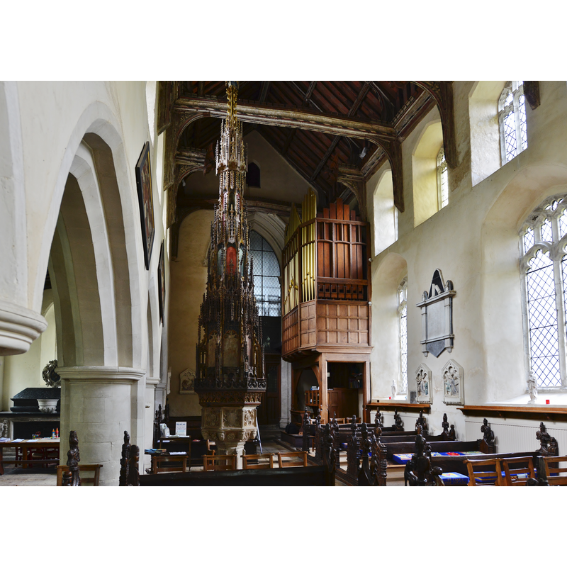 Source caption: "Ufford: St. Mary of the Assumption Church: The nave from the east. The 18 ft high font cover is best seen from here."
