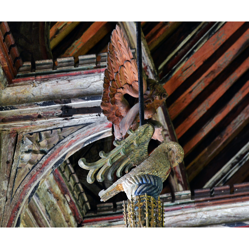 Source caption: "Ufford: St. Mary of the Assumption Church: The font cover. The pelican in her piety on top of the font cover (ca 1450) and 18 feet above the top of the font."
