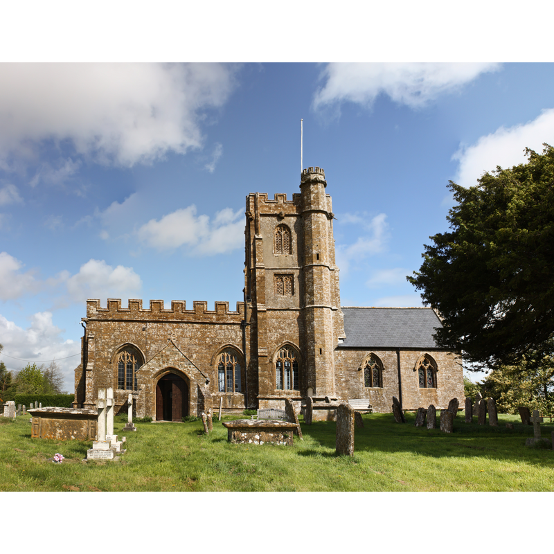 Source caption: "Parish church of St John the Evangelist and All Saints, Kingstone, Somerset, seen from the south. Image stitched from nine separate photographs."