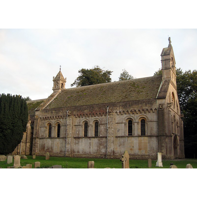 the medieval church was latest re-built and fitted in the mid-19thC in what Pevsner called a "hamfisted Norman" style