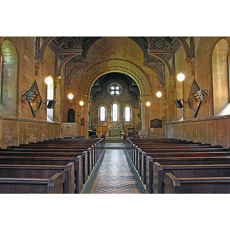 the medieval church was latest re-built and fitted in the mid-19thC in what Pevsner called a "hamfisted Norman" style