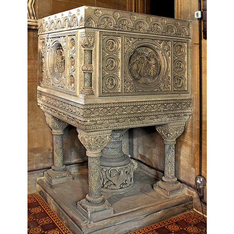 the medieval church was latest re-built and fitted in the mid-19thC in what Pevsner called a "hamfisted Norman" style