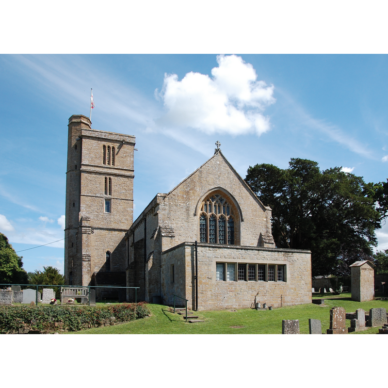 Source caption: "St Margaret's Church, Tintinhull. View from the west, showing the 13th Century north tower with 16th Century extension and the 1951 vestry, which hardly enhances the 15th Century west window."