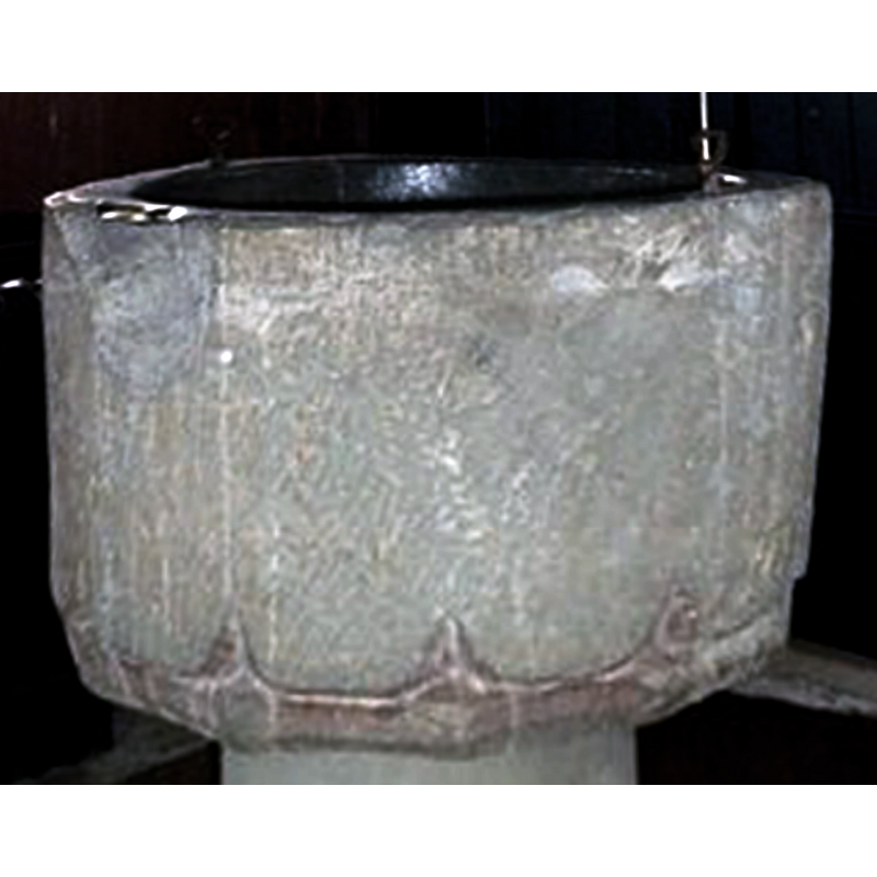 a later alteration of the Early English basin -- notice also the metal staples and the lead lining