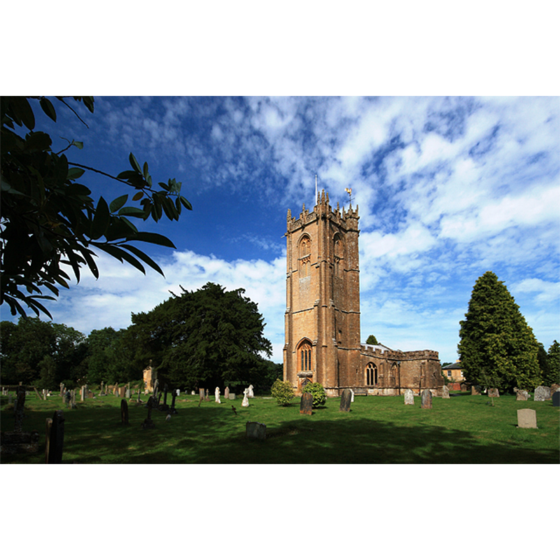Source caption: "Parish Church of St George - Hinton St George. Some early work of the C13 by masons of Wells cathedral is present, but the church is mainly C15 and early C16. The tower is C15, and was built in 1485-95. Inside, there are many fine monuments and tombs of the Poulett family."