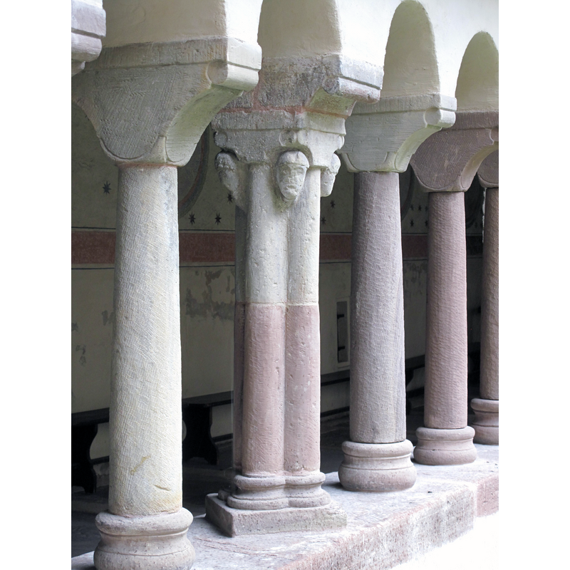 most of the work in the present cloister is modern; this capital is from the early period