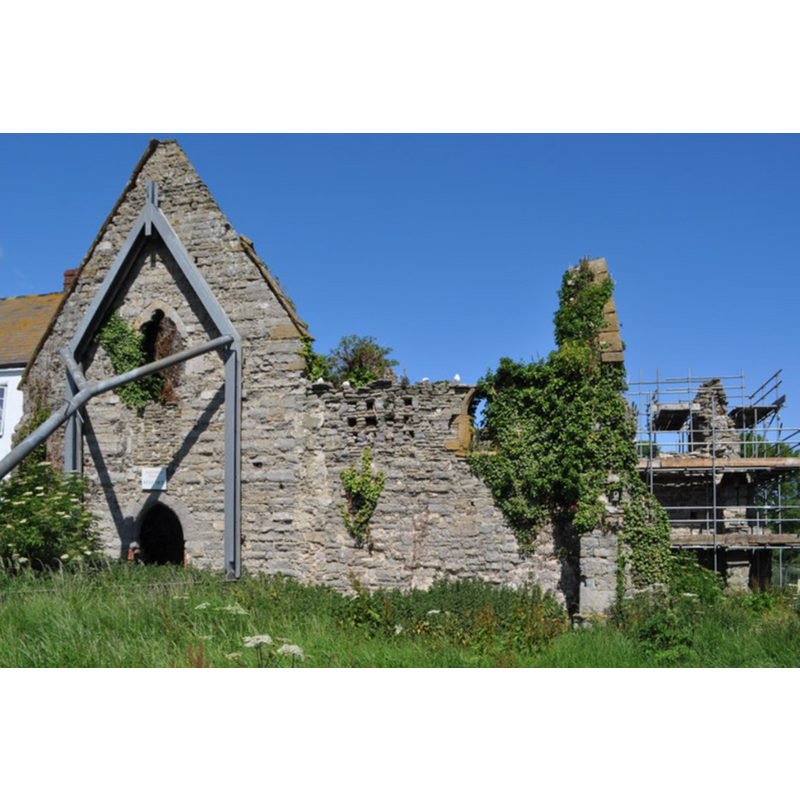 Source caption: "The old chantry is a real ruin, the support is all that is keeping that wall up. From side view you can see the lean. It was founded in 1329 by Sir Simon Furneaux for five monks to pray for his soul. The buildings were gutted by fire in the 1850s."