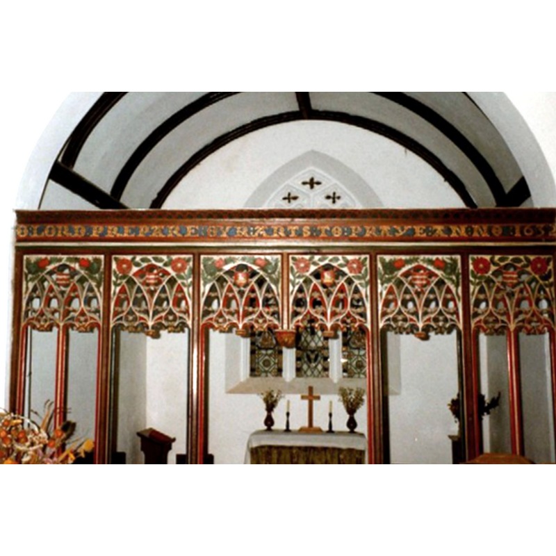 Source caption: "Elworthy church screen. Carolean woodwork of 1632 in the church of St Martin of Tours: "O Lord prepare ovr arts to praye - anno 1632".