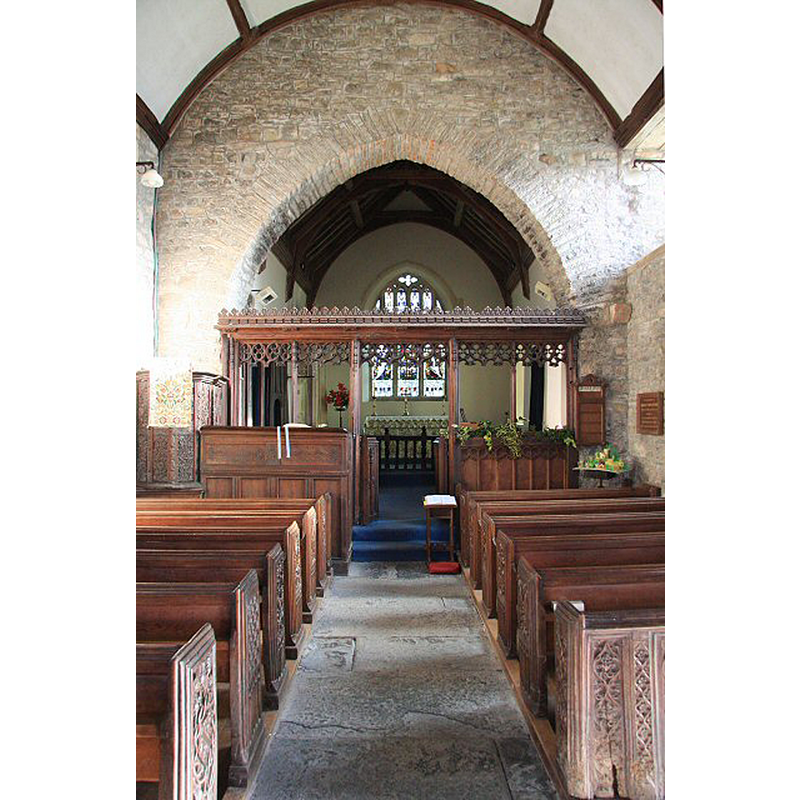 Source caption: "East Quantoxhead church interior. The nave of the church dedicated to St Mary the Virgin, with its splendid rood screen."