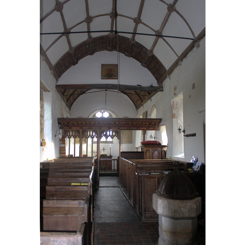 Source caption: "St Michael's Church, Raddington. With box pews by the screen." -- the font and cover in the foreground, right [south] side