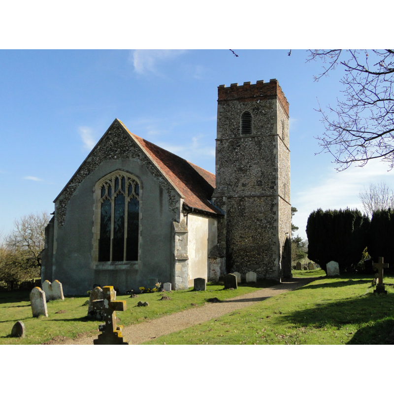 Source caption: "Belstead St. Mary's church. The 14th c. south tower with 15th c. battlements, serves as a porch. Outside there are three scratch dials. Inside, the font is a traditional East Anglian type. You will also find a few moulded bench ends of 16th c. date. The pulpit is Stuart as is the holy table which is dated 1621 underneath. The lower part of the rood screen has painted figures on the panels which are mostly recognisable. They include St Sitha, St Ursula, St Margaret of Antioch, St Mary Magdalene, St Lawrence, St Stephen, St Edmund and St Sebastian. In the nave there are three 18 inches high figures on a brass to John Goldingham, who died in 1518, and his two wives. The arms are those of George III. The church is in a peaceful location only a short distance from Ipswich."