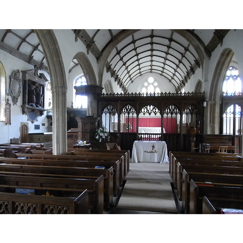 Source caption: "View towards chancel in east; to left is the north aisle Wyndham Chapel, containing monuments to that family".