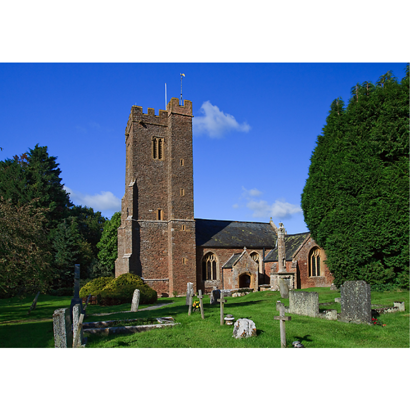 Source caption: "St Edward's church, Goathurst. The C14 west tower is the earliest part of the church which has diagonal supporting buttresses. The rest of the church is entirely Perpendicular."