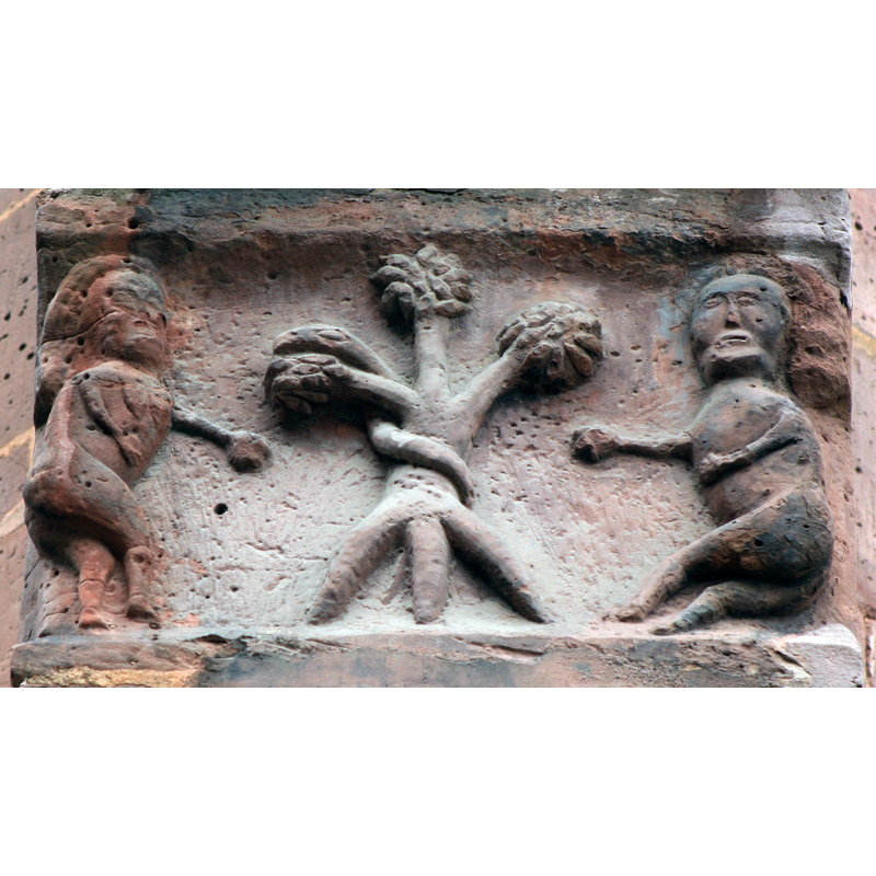 Source caption: "Church St. Jacobi in Einbeck (Germany) on the marketplace: sandstone relief at SE-edge showing the Temptation of Adam and Eve".