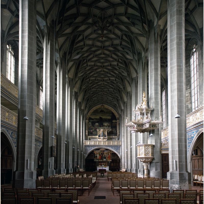 with the font in the centre aisle, rowards the far [east] end