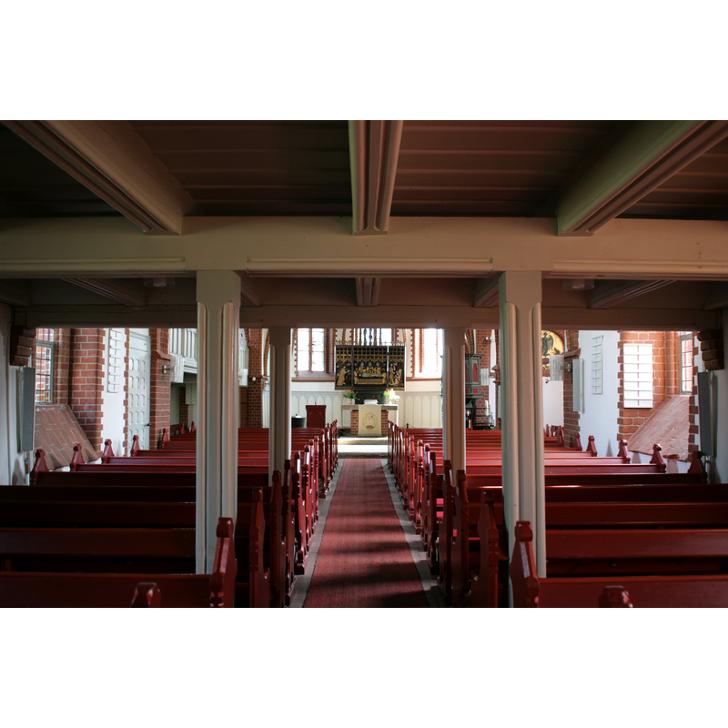 view from beneath the west gallery -- the font is partly visible at the far [east] end, to the left [north] of the altar and the lectern