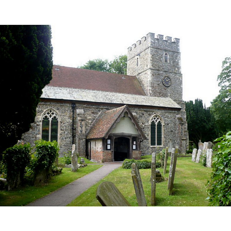 Source caption: "The church of St. Nicholas, Sturry. Approaching the 16th century timber-framed porch of the north door."