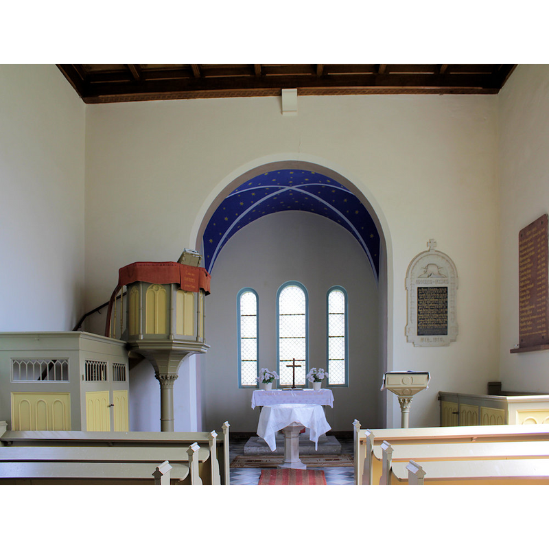 view of the 1880s church that replaced the medieval building here