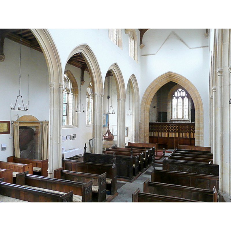 showing the font and cover at the far [west] end of the south aisle