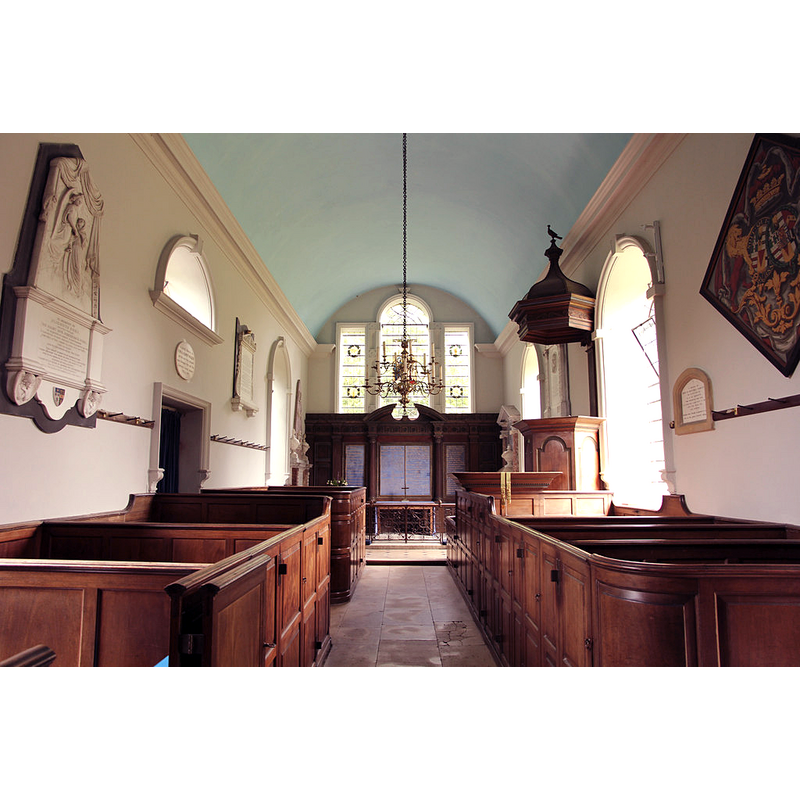 Source caption: "Grade I listed unspoilt Georgian interior of St.Mary's church, by an unknown architect for Margaret Brydges 1768-71. There are Spanish mahogany box pews and a three-decker pulpit with tester."